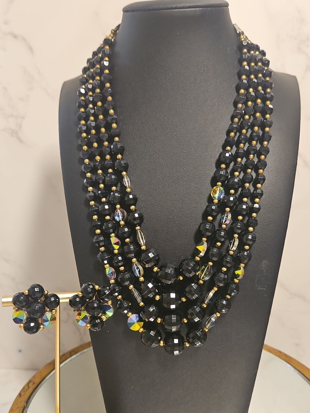 Vintage Black Bead And crystal Multistrand Bead Necklace With Matching Earrings